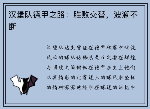 汉堡队德甲之路：胜败交替，波澜不断