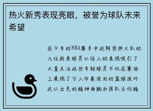 热火新秀表现亮眼，被誉为球队未来希望